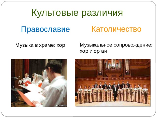 Культовые различия Католичество Православие Музыкальное сопровождение: хор и орган Музыка в храме: хор  