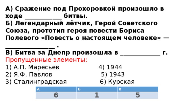 А) Сражение под Прохоровкой произошло в ходе ____________ битвы.  Б) Легендарный лётчик, Герой Советского Союза, прототип героя повести Бориса Полевого «Повесть о настоящем человеке» — ________________ .  В) Битва за Днепр произошла в _____________ г.  Пропущенные элементы:  1) А.П. Маресьев 4) 1944  2) Я.Ф. Павлов 5) 1943  3) Сталинградская 6) Курская   А Б В 6 1 5 