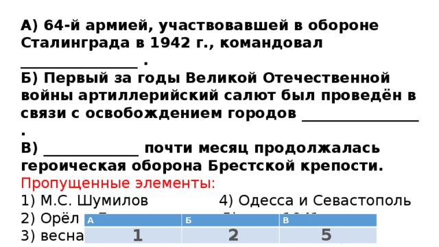 А) 64-й армией, участвовавшей в обороне Сталинграда в 1942 г., командовал ________________ .  Б) Первый за годы Великой Отечественной войны артиллерийский салют был проведён в связи с освобождением городов ________________ .  В) _____________ почти месяц продолжалась героическая оборона Брестской крепости.  Пропущенные элементы:  1) М.С. Шумилов 4) Одесса и Севастополь  2) Орёл и Белгород 5) лето 1941 г.  3) весна 1942 г. 6) Л.М. Доватор   А Б В 2 5 1 