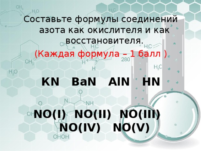 Составьте формулы соединений азота как окислителя и как восстановителя. (Каждая формула – 1 балл ) К N   В aN AlN  HN  NO ( I ) NO ( II ) NO ( III ) NO ( IV ) NO ( V )  