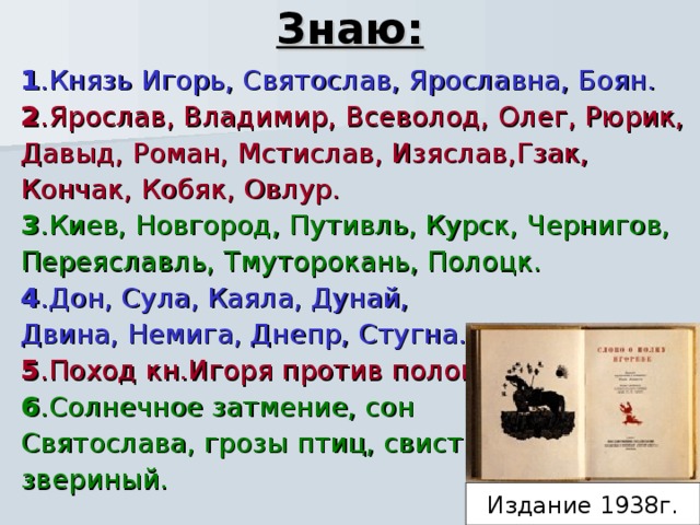 Знаю: 1 .Князь Игорь, Святослав, Ярославна, Боян. 2 .Ярослав, Владимир, Всеволод, Олег, Рюрик, Давыд, Роман, Мстислав, Изяслав,Гзак, Кончак, Кобяк, Овлур. 3 .Киев, Новгород, Путивль, Курск, Чернигов, Переяславль, Тмуторокань, Полоцк. 4 .Дон, Сула, Каяла, Дунай, Двина, Немига, Днепр, Стугна. 5 .Поход кн.Игоря против половцев. 6 .Солнечное затмение, сон Святослава, грозы птиц, свист звериный. Издание 1938г. 