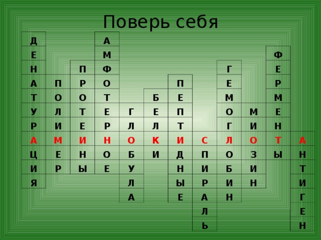 Поверь себя Д Е Н А А М П Т П Р Ф У О Р О Л О А Т И Т М Е Е Ц Р Е И И Г Б П Н Н Е Р Л Г Я Е Л Ы Е О О П Ф М Е Б К Т Е У И О И Р Л С Д М Г М Л Н П А И Е Ы И О О Н З Р Б Е Т И И А А Ы Н Н Л Н Ь Т И Г Е Н