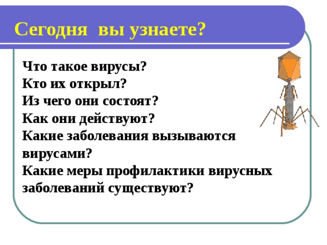 Сегодня вы узнаете? Что такое вирусы? Кто их открыл? Из чего они состоят? Как они действуют? Какие заболевания вызываются вирусами? Какие меры профилактики вирусных заболеваний существуют?