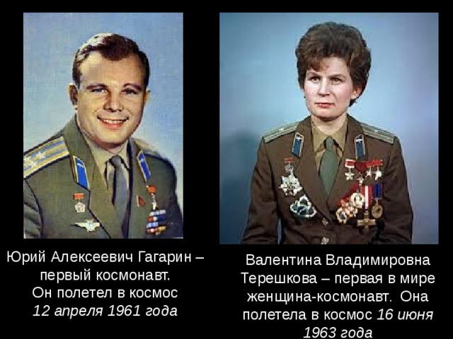 Юрий Алексеевич Гагарин – первый космонавт. Он полетел в космос 12 апреля 1961 года  Валентина Владимировна Терешкова – первая в мире женщина-космонавт . Она полетела в космос 16 июня 1963 года 
