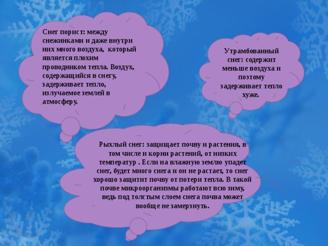 Снег порист: между снежинками и даже внутри них много воздуха, который является плохим проводником тепла. Воздух, содержащийся в снегу, задерживает тепло, излучаемое землей в атмосферу.  Утрамбованный снег: содержит меньше воздуха и поэтому задерживает тепло хуже.   Рыхлый снег: защищает почву и растения, в том числе и корни растений, от низких температур . Если на влажную землю упадет снег, будет много снега и он не растает, то снег хорошо защитит почву от потери тепла. В такой почве микроорганизмы работают всю зиму, ведь под толстым слоем снега почва может вообще не замерзнуть. 