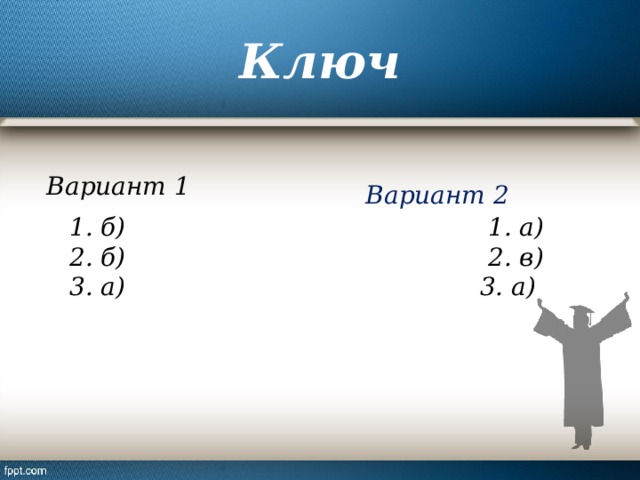 Ключ Вариант 1 Вариант 2 1. б) 1. а) 2. б) 2. в) 3. а) 3. а) 