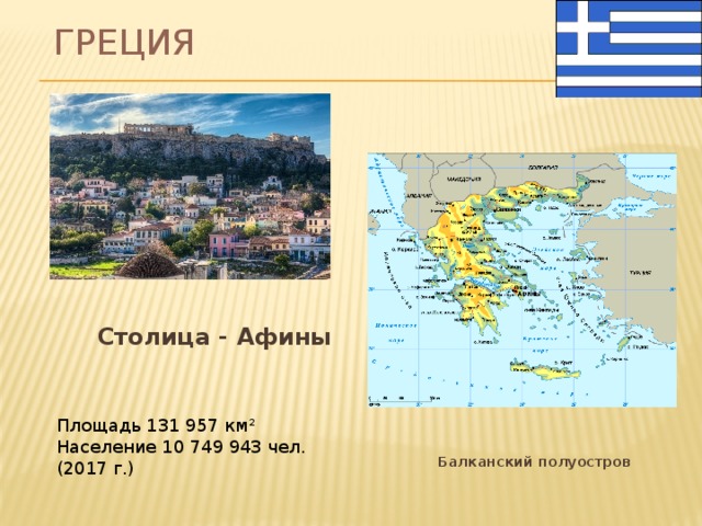 Греция  Столица - Афины Площадь 131 957 км² Население 10 749 943 чел. (2017 г.)  Балканский полуостров 