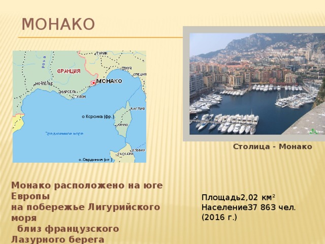 Монако  Столица - Монако Монако расположено на юге Европы  на побережье Лигурийского моря    близ французского Лазурного берега    в 20 км к северо-востоку от Ниццы Площадь2,02 км² Население37 863 чел. (2016 г.) 