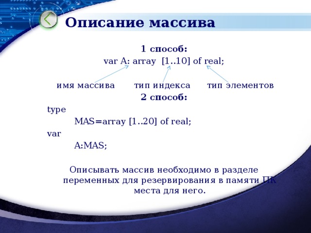 Описание массива 1 способ: var A: array [1..10] of real;   имя массива тип индекса тип элементов 2 способ: type   MAS=array [1..20] of real; var   A:MAS; Описывать массив необходимо в разделе переменных для резервирования в памяти ПК места для него. 