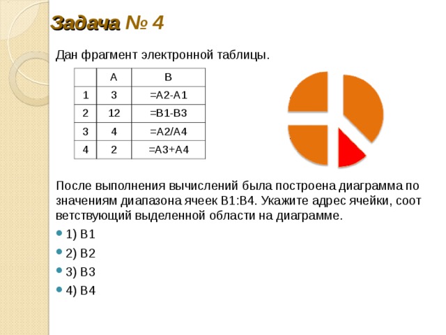 Дан фрагмент электронной таблицы по значениям диапазона ячеек b1 b4 построена диаграмма укажите