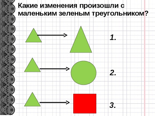 Какие изменения произошли с маленьким зеленым треугольником? 1. 2. 3. 6 