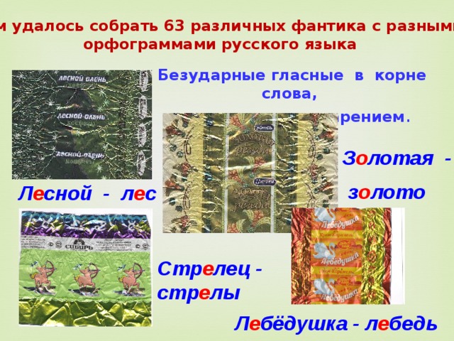 Нам удалось собрать 63 различных фантика с разными  орфограммами русского языка Безударные гласные в корне слова, проверяемые ударением . З о лотая -  з о лото Л е сной - л е с Стр е лец - стр е лы Л е бёдушка - л е бедь 