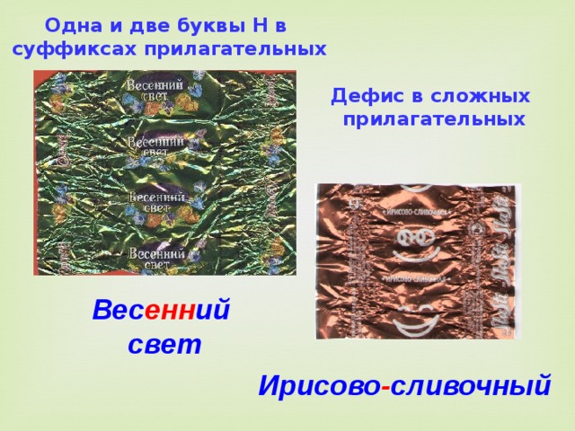 Одна и две буквы Н в суффиксах прилагательных Дефис в сложных прилагательных Вес енн ий свет Ирисово - сливочный 