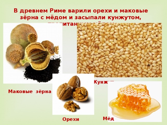 В древнем Риме варили орехи и маковые зёрна с мёдом и засыпали кунжутом, пропитанным мёдом Кунжут Маковые зёрна Мёд Орехи 