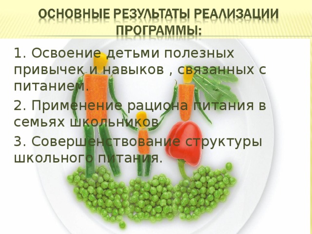 1. Освоение детьми полезных привычек и навыков , связанных с питанием. 2. Применение рациона питания в семьях школьников 3. Совершенствование структуры школьного питания. 