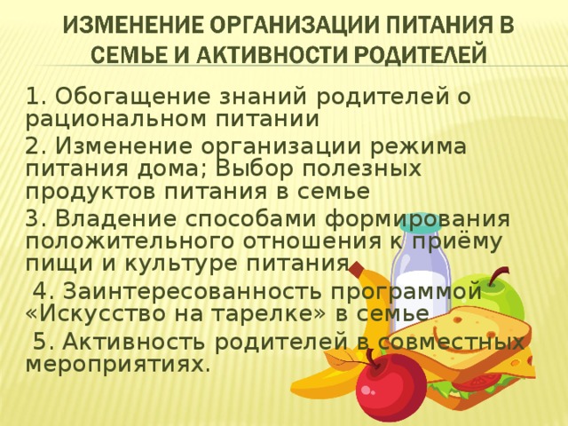 1. Обогащение знаний родителей о рациональном питании 2. Изменение организации режима питания дома; Выбор полезных продуктов питания в семье 3. Владение способами формирования положительного отношения к приёму пищи и культуре питания  4. Заинтересованность программой «Искусство на тарелке» в семье  5. Активность родителей в совместных мероприятиях. 
