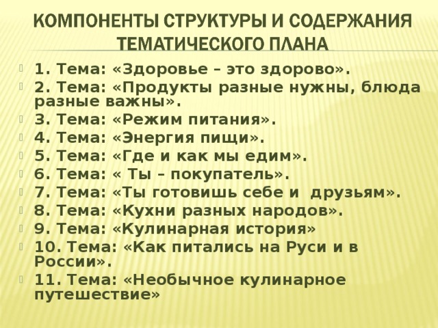 1. Тема: «Здоровье – это здорово». 2. Тема: «Продукты разные нужны, блюда разные важны». 3. Тема: «Режим питания». 4. Тема: «Энергия пищи». 5. Тема: «Где и как мы едим». 6. Тема: « Ты – покупатель». 7. Тема: «Ты готовишь себе и друзьям». 8. Тема: «Кухни разных народов». 9. Тема:  «Кулинарная история» 10. Тема: «Как питались на Руси и в России». 11. Тема: «Необычное кулинарное путешествие»  