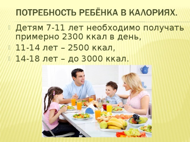 Детям 7-11 лет необходимо получать примерно 2300 ккал в день, 11-14 лет – 2500 ккал, 14-18 лет – до 3000 ккал. 