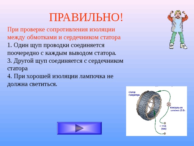 ПРАВИЛЬНО! При проверке сопротивления изоляции между обмотками и сердечником статора 1.  Один щуп проводки соединяется поочередно с каждым выводом статора. 3. Другой щуп соединяется с сердечником статора 4. При хорошей изоляции лампочка не должна светиться. 