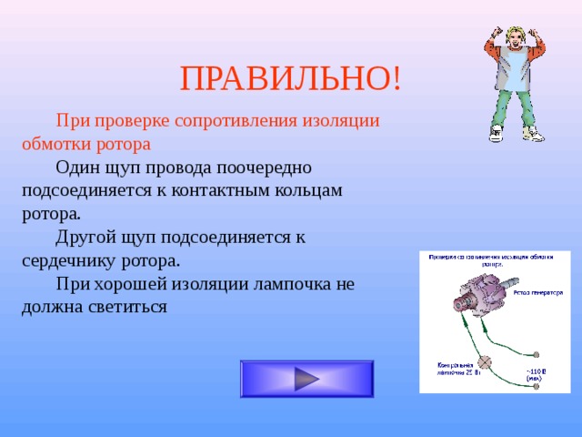 ПРАВИЛЬНО! При проверке сопротивления изоляции обмотки ротора Один щуп провода поочередно подсоединяется к контактным кольцам ротора. Другой щуп подсоединяется к сердечнику ротора. При хорошей изоляции лампочка не должна светиться 