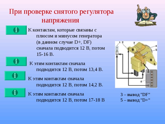 При проверке снятого регулятора напряжения К контактам, которые связаны с плюсом и минусом генератора (в данном случае D+ , DF) сначала подводится 12 В, потом 15-16 В.  К этим контактам сначала подводится 12 В, потом 13,4 В. К этим контактам сначала подводится 12 В, потом 14,2 В. К этим контактам сначала подводится 12 В, потом 17-18 В 3 – вывод 