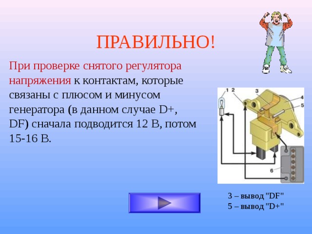 ПРАВИЛЬНО! При проверке снятого регулятора напряжения к контактам, которые связаны с плюсом и минусом генератора (в данном случае D+ , DF) сначала подводится 12 В, потом 15-16 В. 3 – вывод 