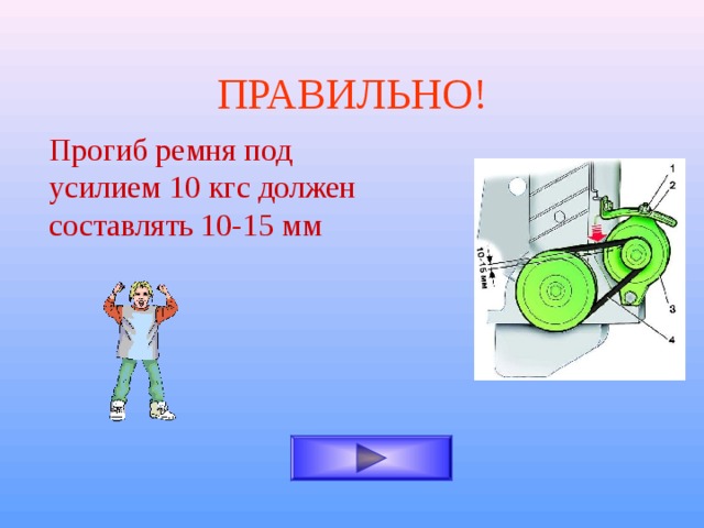 ПРАВИЛЬНО! Прогиб ремня под усилием 10 кгс должен составлять 10-15 мм 
