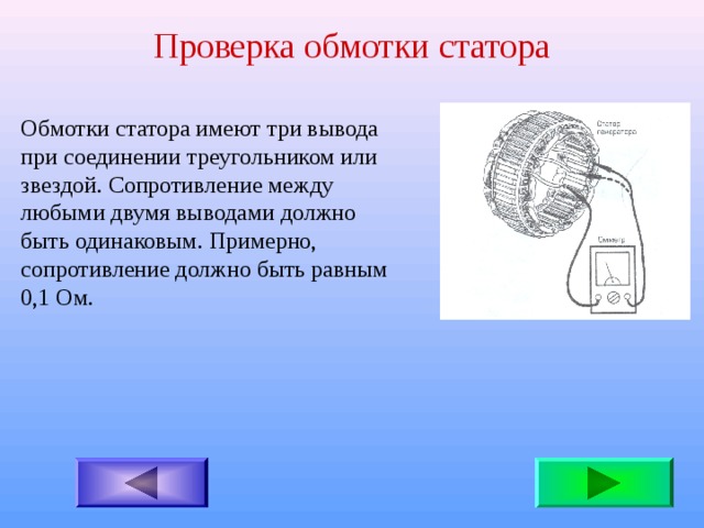 Проверка обмотки статора Обмотки статора имеют три вывода при соединении треугольником или звездой. Сопротивление между любыми двумя выводами должно быть одинаковым. Примерно, сопротивление должно быть равным 0,1 Ом. 