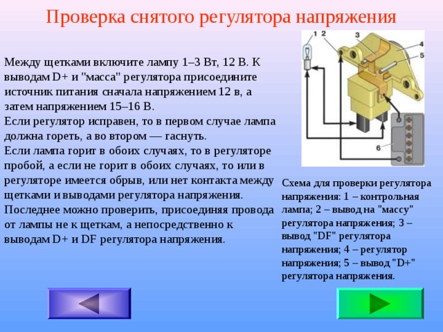 Проверка снятого регулятора напряжения Между щетками включите лампу 1–3 Вт, 12 В. К выводам D+ и 