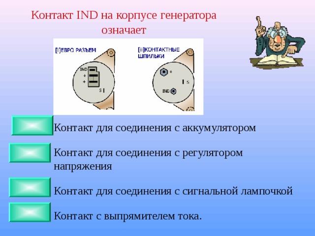 Контакт IND на корпусе генератора означает Контакт для соединения с аккумулятором Контакт для соединения с регулятором напряжения Контакт для соединения с сигнальной лампочкой Контакт с выпрямителем тока. 