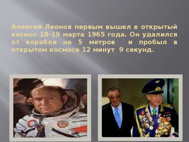 Алексей Леонов первым вышел в открытый космос 18-19 марта 1965 года. Он удалился от корабля на 5 метров и пробыл в открытом космосе 12 минут 9 секунд . 