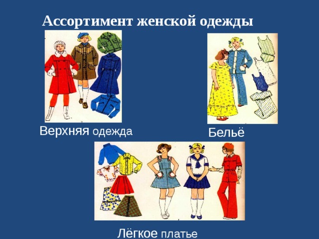 Ассортимент  женской одежды Верхняя одежда Бельё Лёгкое платье 