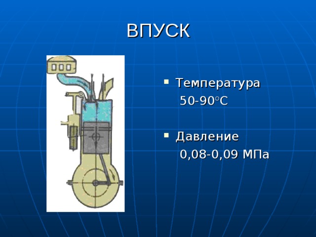 ВПУСК T емпература  50-90 о С Давление  0,08-0,09 МПа 