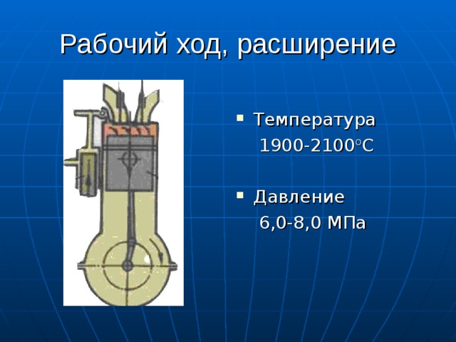 Рабочий ход, расширение T емпература  1900-2100 о С Давление  6,0-8,0 МПа 