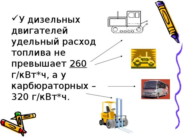 У дизельных двигателей удельный расход топлива не превышает 260 г/кВт*ч, а у карбюраторных –320 г/кВт*ч. 