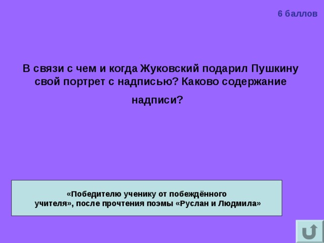 6 баллов В связи с чем и когда Жуковский подарил Пушкину свой портрет с надписью? Каково содержание надписи?   «Победителю ученику от побеждённого  учителя», после прочтения поэмы «Руслан и Людмила» 