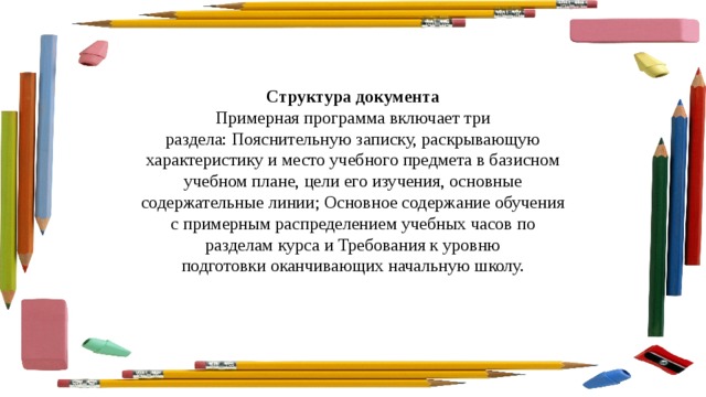 Структура документа Примерная программа включает три раздела: Пояснительную записку, раскрывающую характеристику и место учебного предмета в базисном учебном плане, цели его изучения, основные содержательные линии; Основное содержание обучения с примерным распределением учебных часов по разделам курса и Требования к уровню подготовки оканчивающих начальную школу. 