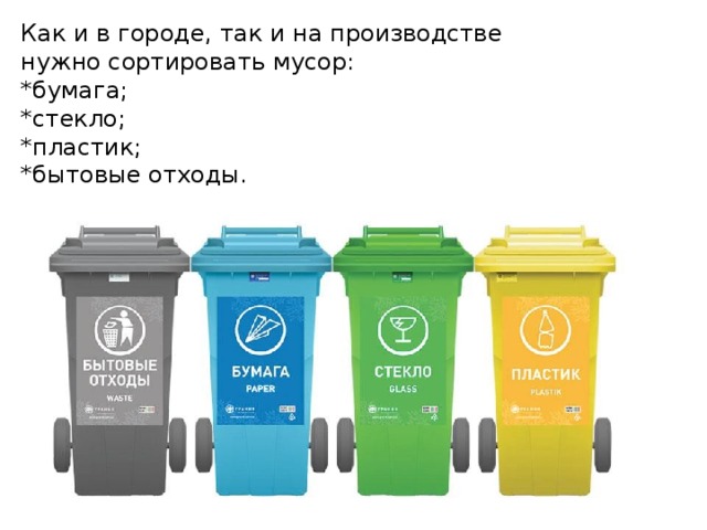 Как и в городе, так и на производстве нужно сортировать мусор: *бумага; *стекло; *пластик; *бытовые отходы. 