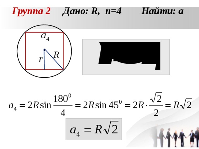 Группа 2 Дано: R , n =4 Найти: а  
