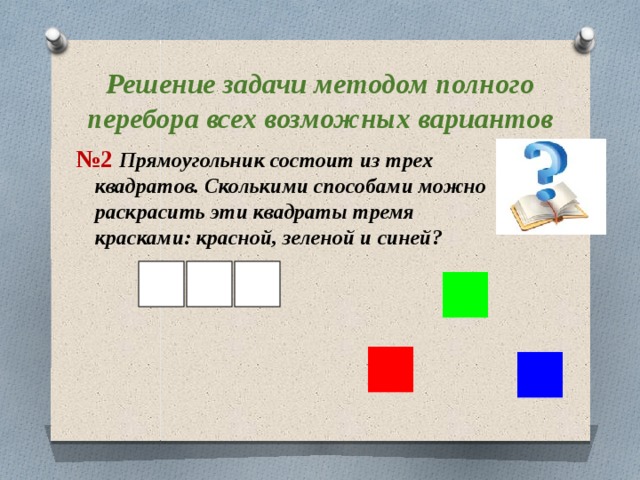 Решение задачи методом полного перебора всех возможных вариантов № 2  Прямоугольник состоит из трех квадратов. Сколькими способами можно раскрасить эти квадраты тремя красками: красной, зеленой и синей? 
