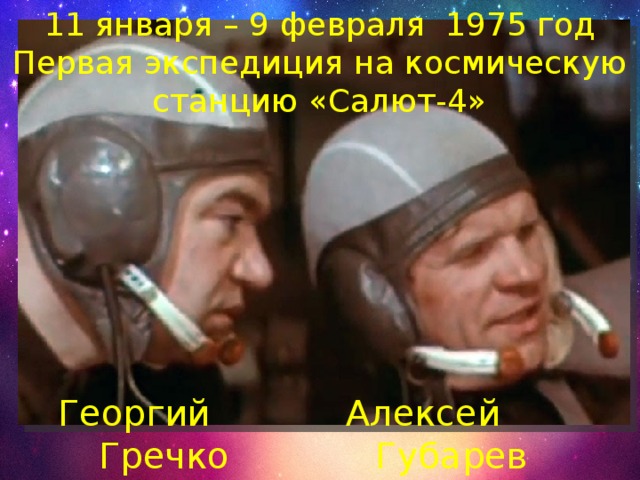 11 января – 9 февраля 1975 год Первая экспедиция на космическую станцию «Салют-4» Георгий Алексей Гречко Губарев 