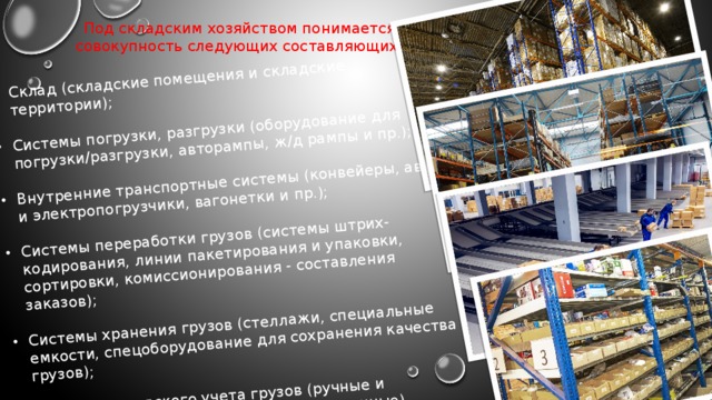 Склад (складские помещения и складские территории); Системы погрузки, разгрузки (оборудование для погрузки/разгрузки, авторампы, ж/д рампы и пр.); Внутренние транспортные системы (конвейеры, авто- и электропогрузчики, вагонетки и пр.); Системы переработки грузов (системы штрих-кодирования, линии пакетирования и упаковки, сортировки, комиссионирования - составления заказов); Системы хранения грузов (стеллажи, специальные емкости, спецоборудование для сохранения качества грузов); Системы складского учета грузов (ручные и автоматизированные/компьютеризированные). Под складским хозяйством понимается совокупность следующих составляющих: 