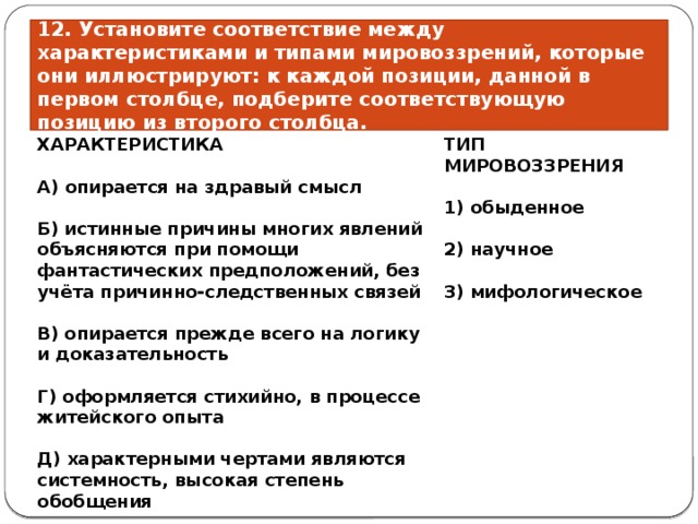 12. Установите соответствие между характеристиками и типами мировоззрений, которые они иллюстрируют: к каждой позиции, данной в первом столбце, подберите соответствующую позицию из второго столбца. ХАРАКТЕРИСТИКА ТИП МИРОВОЗЗРЕНИЯ   А) опирается на здравый смысл 1) обыденное   Б) истинные причины многих явлений объясняются при помощи фантастических предположений, без учёта причинно-следственных связей 2) научное   3) мифологическое В) опирается прежде всего на логику и доказательность  Г) оформляется стихийно, в процессе житейского опыта  Д) характерными чертами являются системность, высокая степень обобщения 