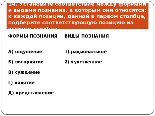 14. Установите соответствие между формами и видами познания, к которым они относятся: к каждой позиции, данной в первом столбце, подберите соответствующую позицию из второго столбца. ВИДЫ ПОЗНАНИЯ ФОРМЫ ПОЗНАНИЯ      A) ощущение    1) рациональное Б) восприятие  2) чувственное  В) суждение  Г) понятие  Д) представление 