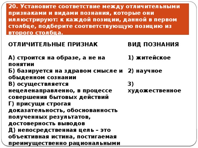 20. Установите соответствие между отличительными признаками и видами познания, которые они иллюстрируют: к каждой позиции, данной в первом столбце, подберите соответствующую позицию из второго столбца. ОТЛИЧИТЕЛЬНЫЕ ПРИЗНАК  ВИД ПОЗНАНИЯ    А) строится на образе, а не на понятии 1) житейское Б) базируется на здравом смысле и обыденном сознании  В) осуществляется нецеленаправленно, в процессе совершения бытовых действий 2) научное Г) присущи строгая доказательность, обоснованность полученных результатов, достоверность выводов  Д) непосредственная цель – это объективная истина, постигаемая преимущественно рациональными средствами и методами 3) художественное 