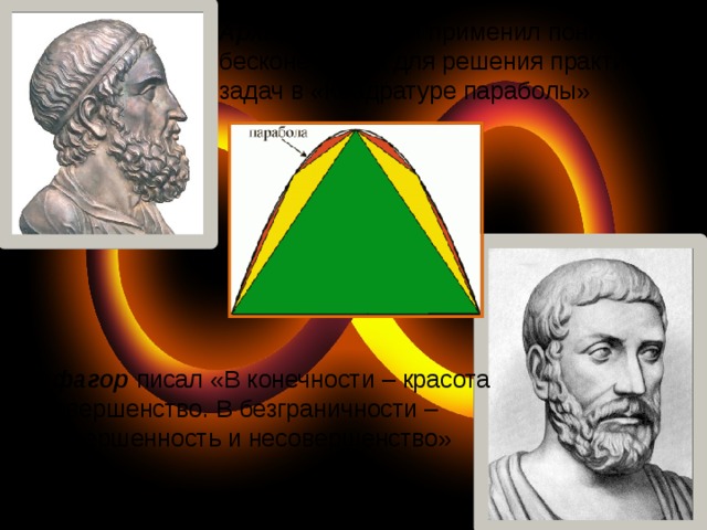Архимед первым применил понятие бесконечности для решения практических задач в «Квадратуре параболы» Пифагор  писал «В конечности – красота и совершенство. В безграничности – незавершенность и несовершенство» 