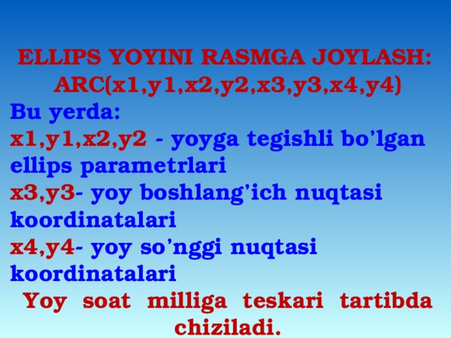   ELLIPS YOYINI RASMGA JOYLASH: ARC(x1,y1,x2,y2,x3,y3,x4,y4) Bu yerda: x1,y1,x2,y2 - yoyga tegishli bo’lgan ellips parametrlari x3,y3 - yoy boshlang’ich nuqtasi koordinatalari x4,y4 - yoy so’nggi nuqtasi koordinatalari Yoy soat milliga teskari tartibda chiziladi.  