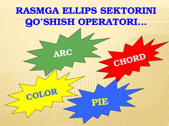 COLOR PIE ARC CHORD RASMGA ELLIPS SEKTORINI QO’SHISH OPERATORI… 