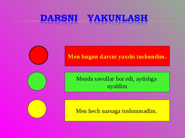 Men bugun darsni yaxshi tushundim. Menda savollar bor edi, aytishga uyaldim Men hech narsaga tushunmadim. 