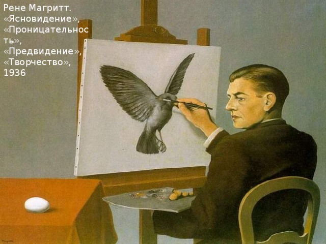Рене Магритт. «Ясновидение», «Проницательность», «Предвидение», «Творчество», 1936 
